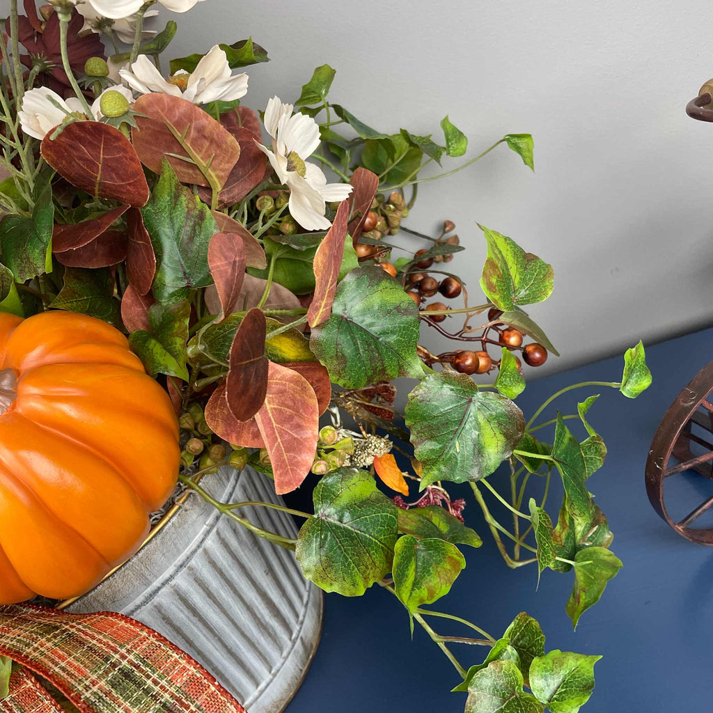Fall Centerpiece with Pumpkins in Galvanized Metal Planter Arrangement