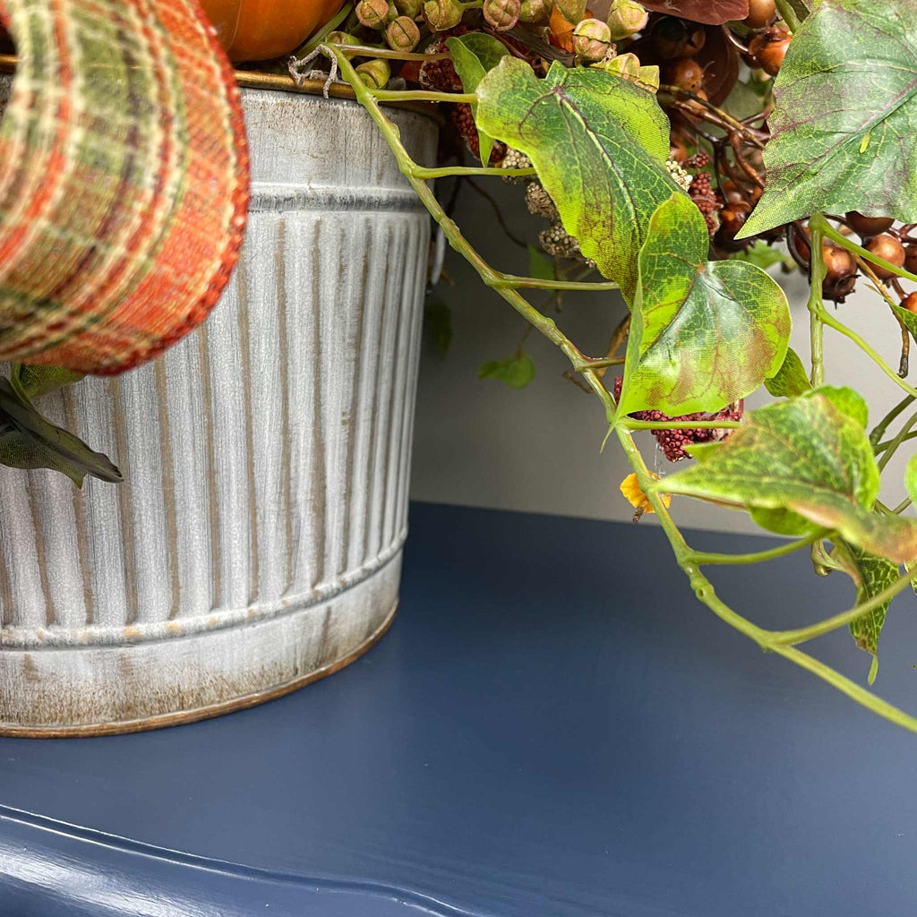 Fall Centerpiece with Pumpkins in Galvanized Metal Planter Arrangement