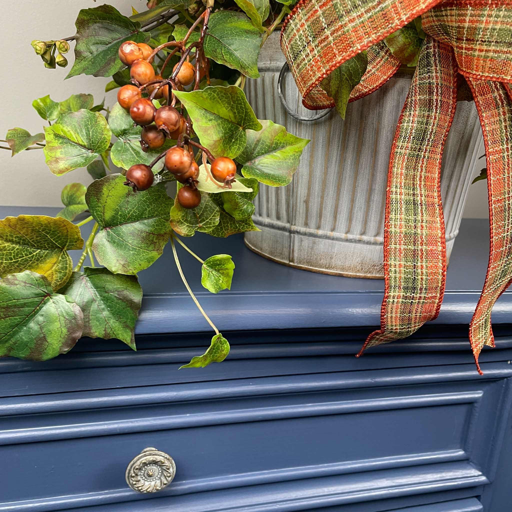 Fall Centerpiece with Pumpkins in Galvanized Metal Planter Arrangement