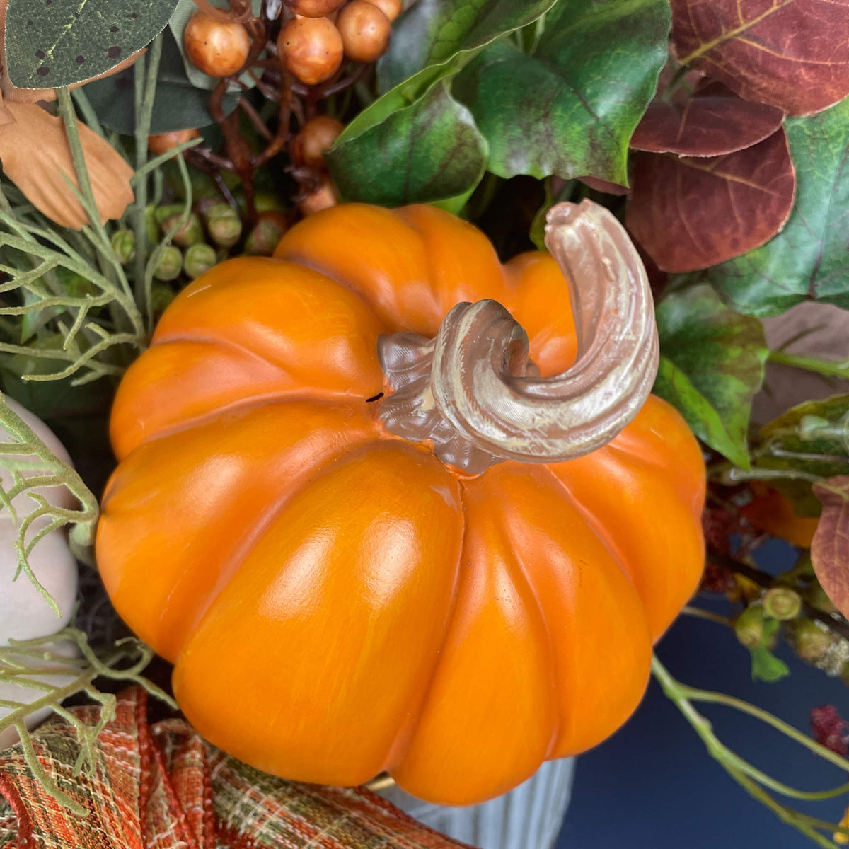 Fall Centerpiece with Pumpkins in Galvanized Metal Planter Arrangement
