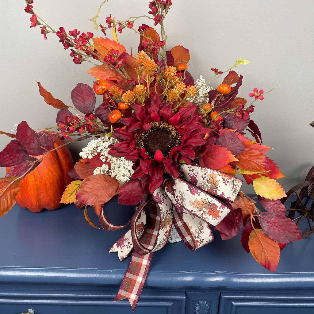 Fall Centerpiece Burgundy Sunflower Arrangement with Autumn Leaves