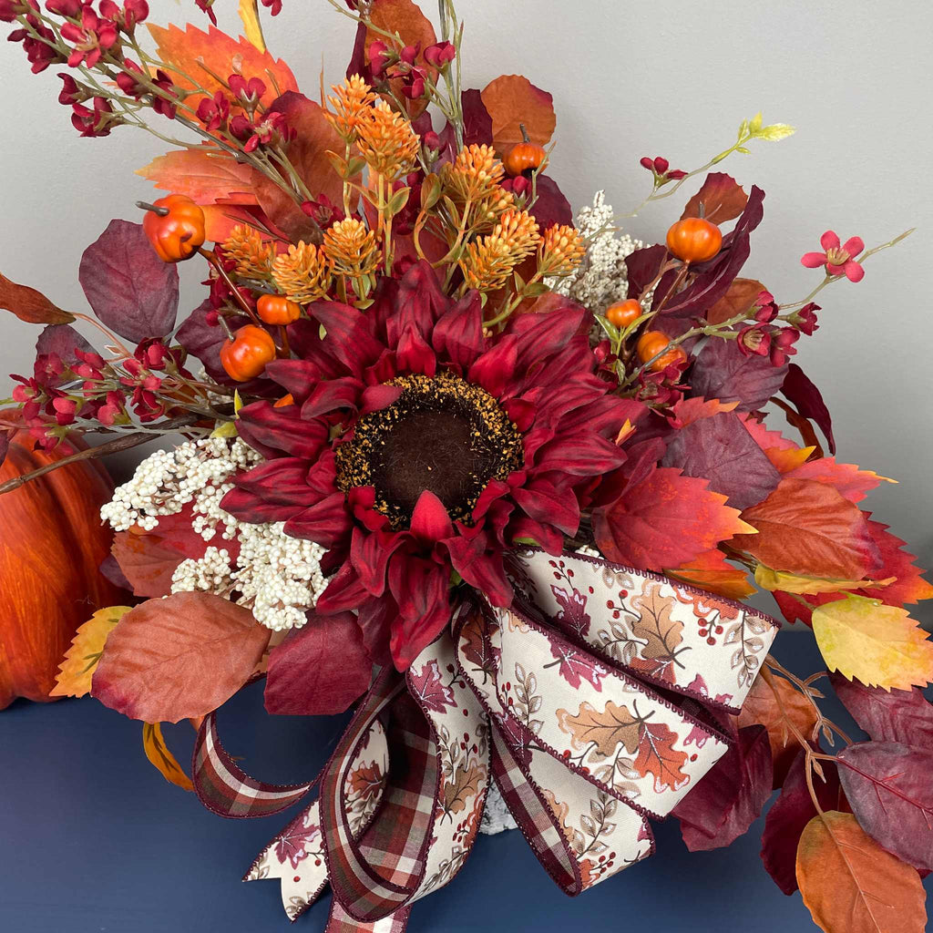 Fall Centerpiece Burgundy Sunflower Arrangement with Autumn Leaves