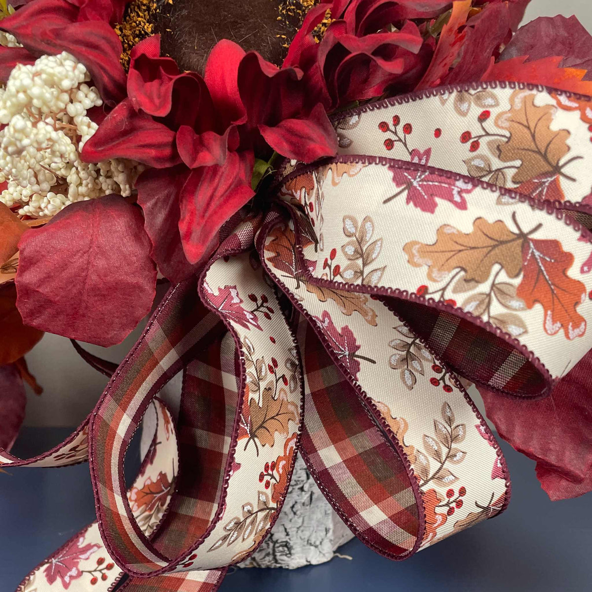 Fall Centerpiece Burgundy Sunflower Arrangement with Autumn Leaves