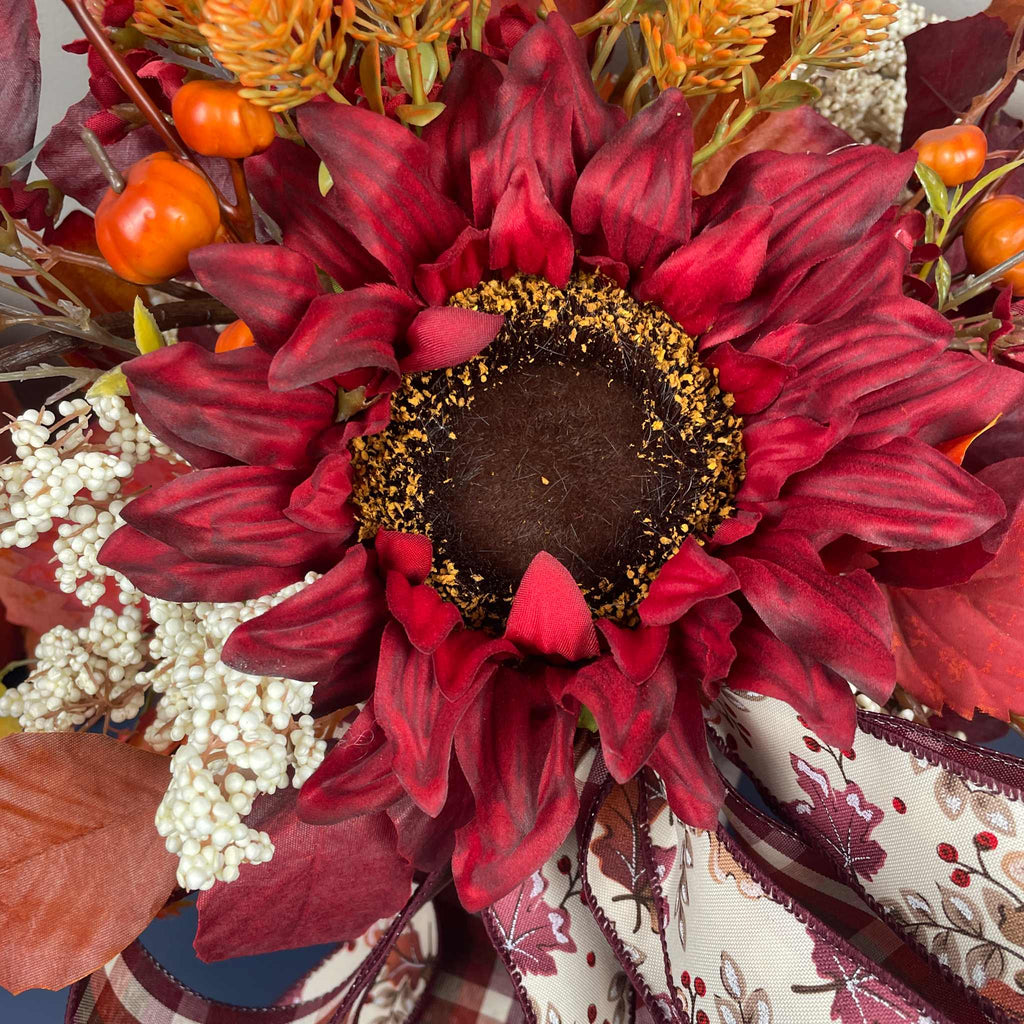 Fall Centerpiece Burgundy Sunflower Arrangement with Autumn Leaves