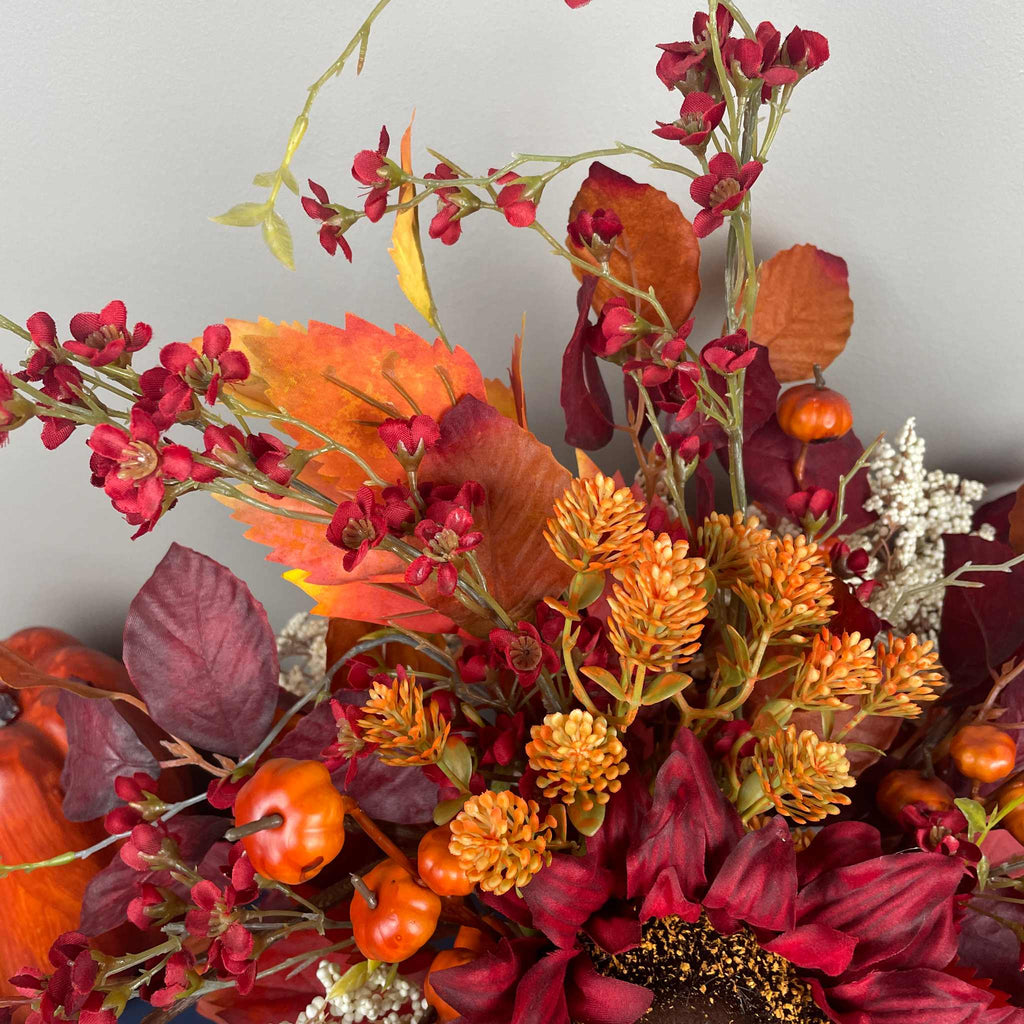 Fall Centerpiece Burgundy Sunflower Arrangement with Autumn Leaves