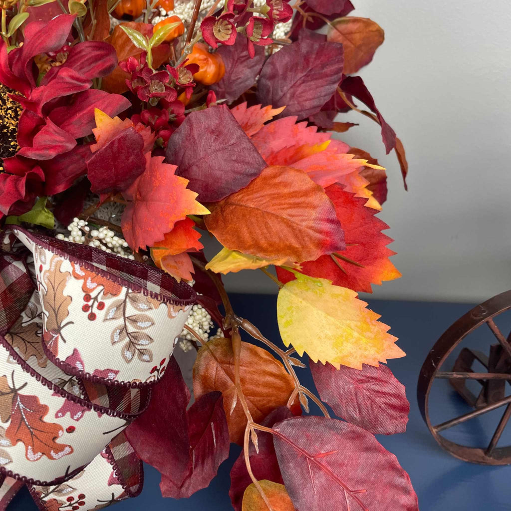 Fall Centerpiece Burgundy Sunflower Arrangement with Autumn Leaves