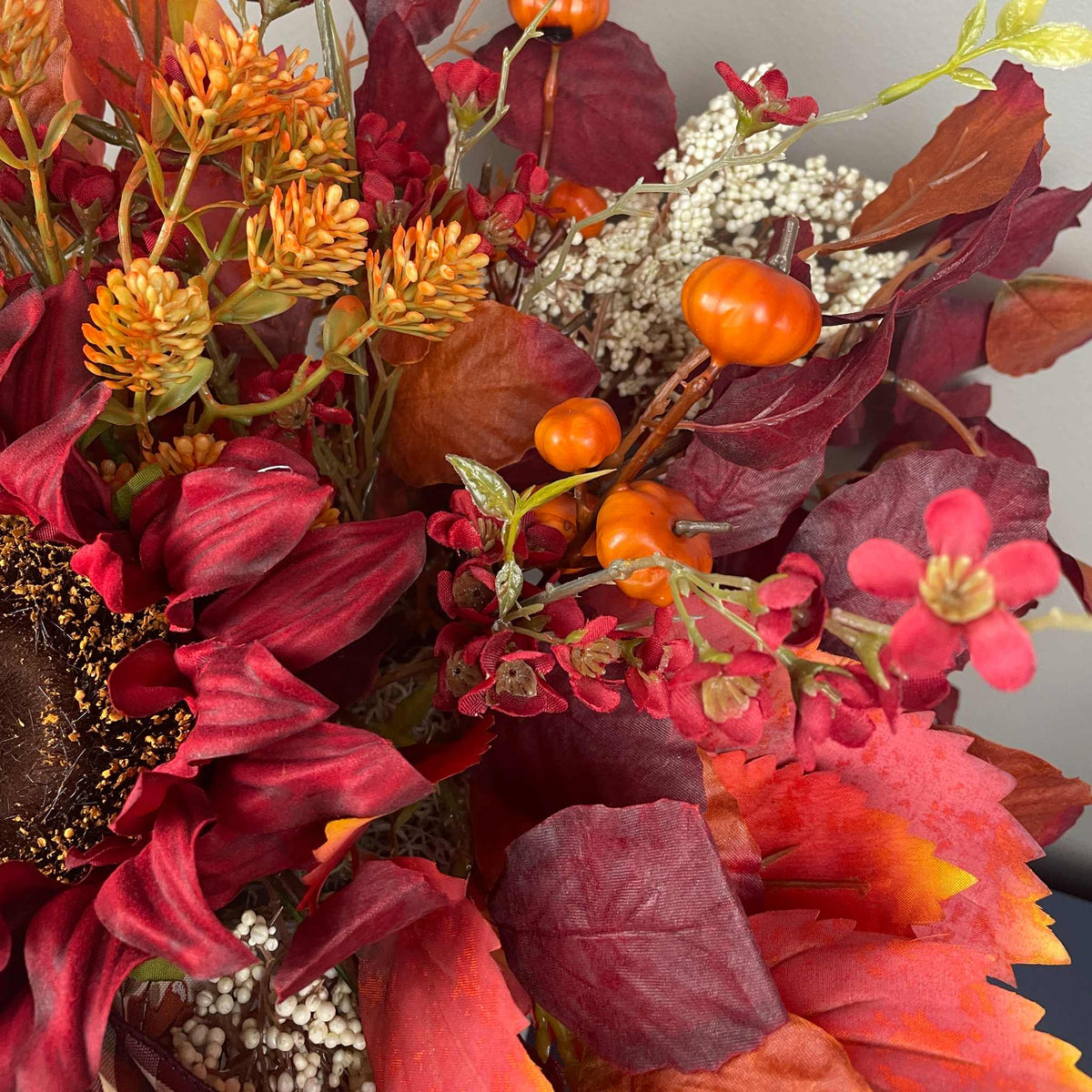 Fall Centerpiece Burgundy Sunflower Arrangement with Autumn Leaves
