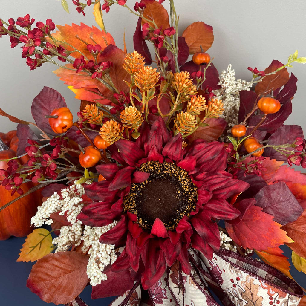 Fall Centerpiece Burgundy Sunflower Arrangement with Autumn Leaves
