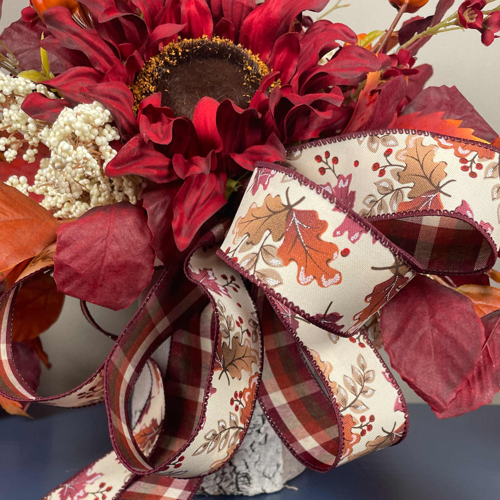 Fall Centerpiece Burgundy Sunflower Arrangement with Autumn Leaves