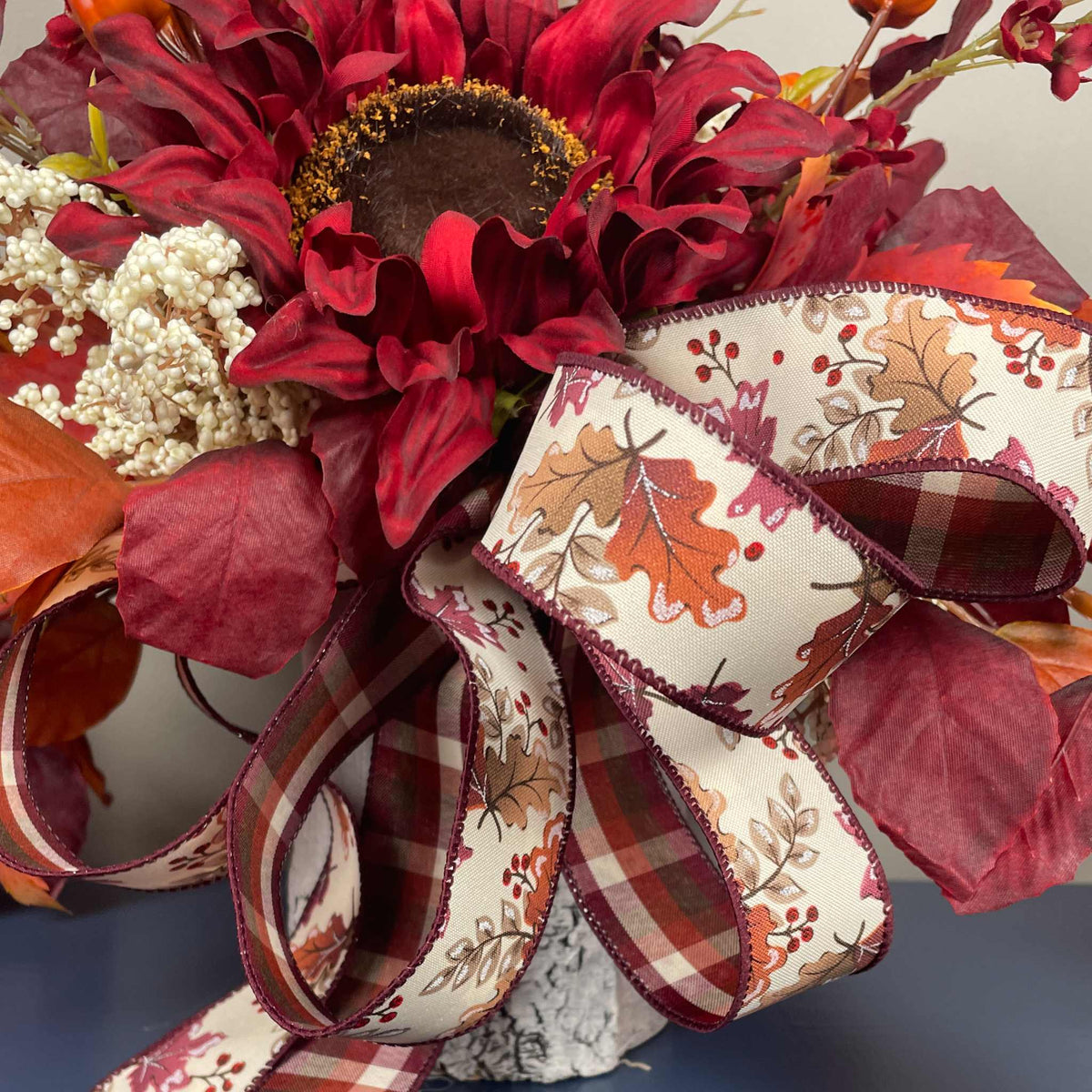 Fall Centerpiece Burgundy Sunflower Arrangement with Autumn Leaves