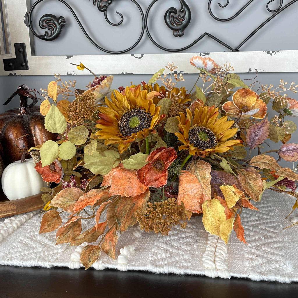 Fall Centerpiece with Sunflowers in Rustic Wood Dough Bowl Arrangement