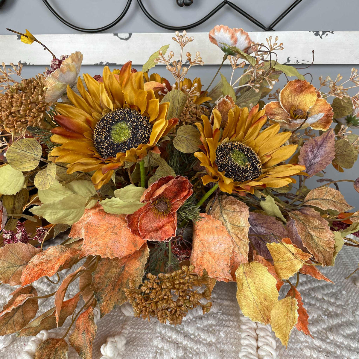 Fall Centerpiece with Sunflowers in Rustic Wood Dough Bowl Arrangement