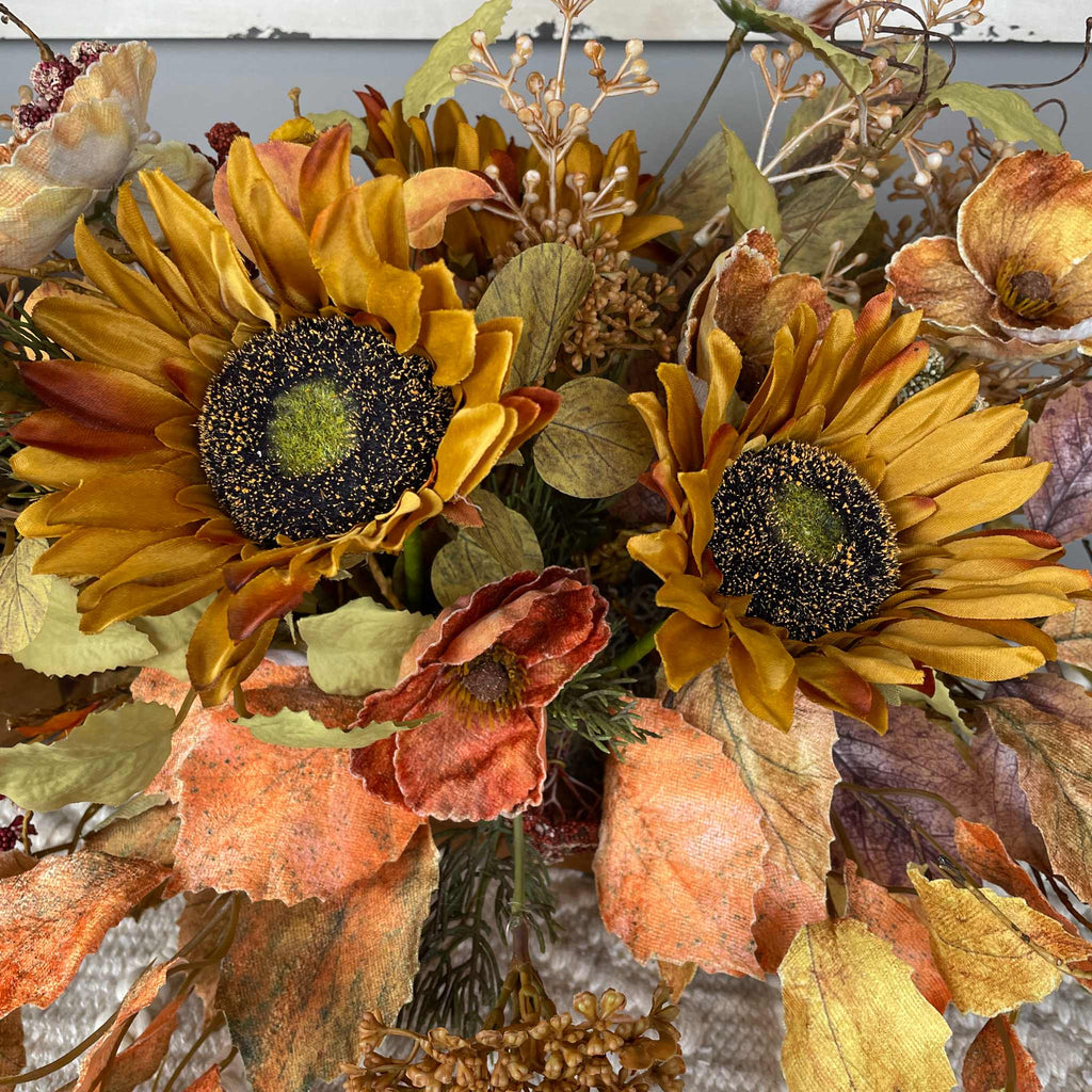 Fall Centerpiece with Sunflowers in Rustic Wood Dough Bowl Arrangement