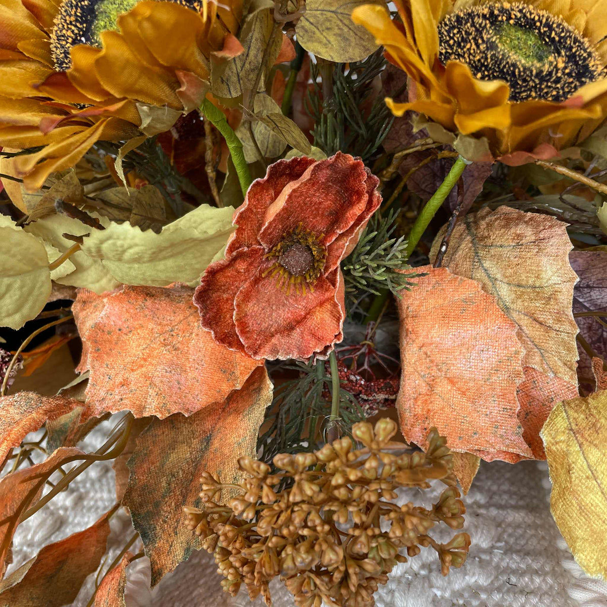 Fall Centerpiece with Sunflowers in Rustic Wood Dough Bowl Arrangement