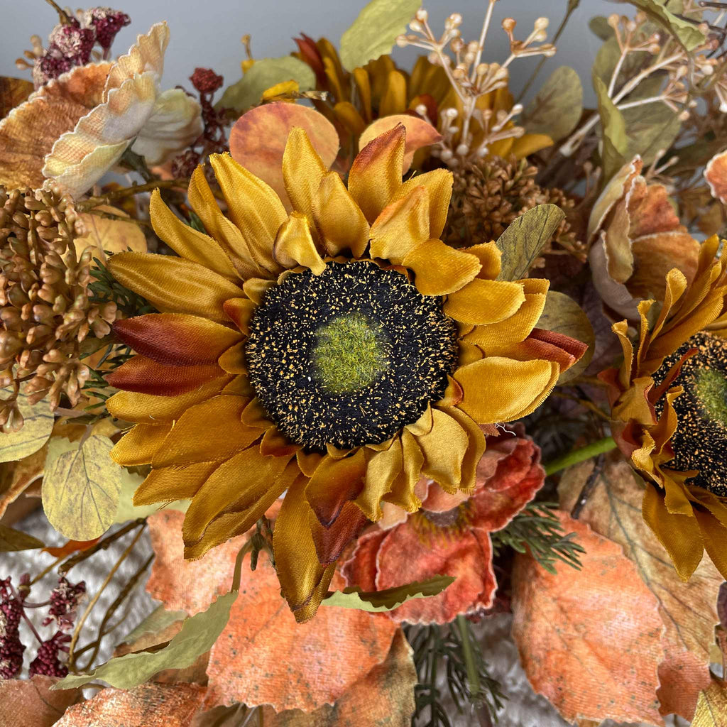 Fall Centerpiece with Sunflowers in Rustic Wood Dough Bowl Arrangement