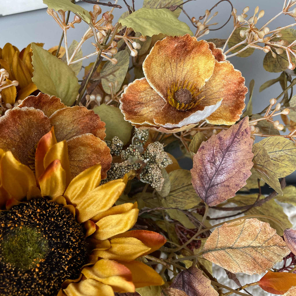 Fall Centerpiece with Sunflowers in Rustic Wood Dough Bowl Arrangement