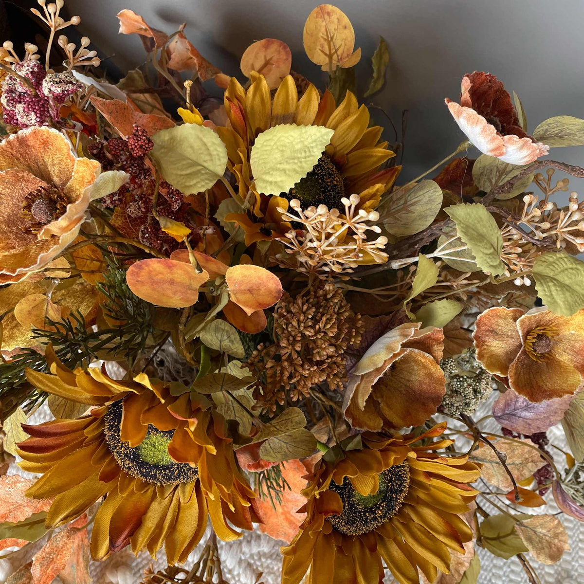 Fall Centerpiece with Sunflowers in Rustic Wood Dough Bowl Arrangement