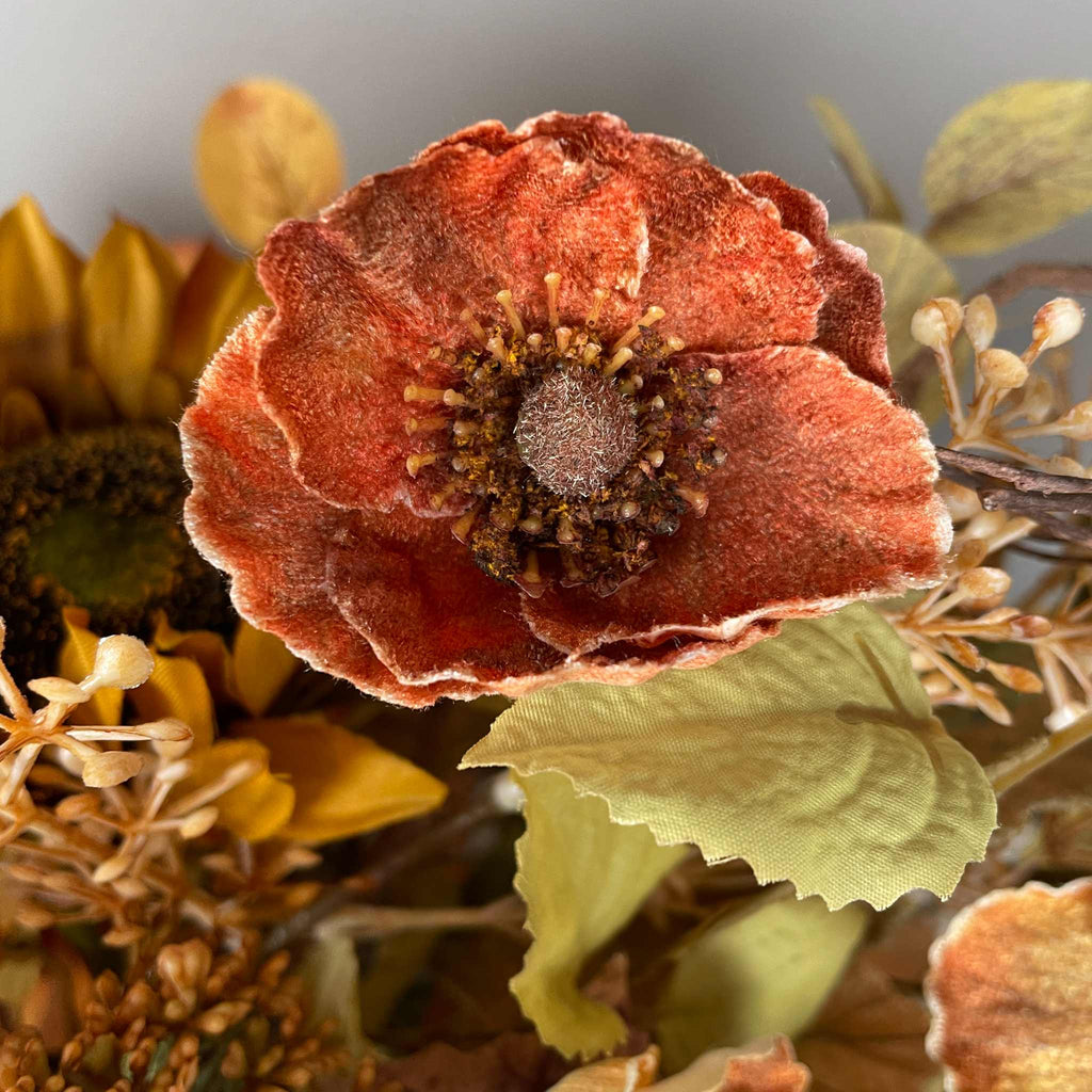 Fall Centerpiece with Sunflowers in Rustic Wood Dough Bowl Arrangement
