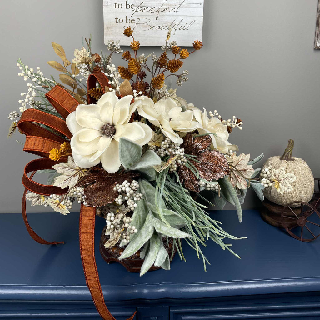 Fall Centerpiece with Magnolia Flowers & Bronze Pedestal Bowl