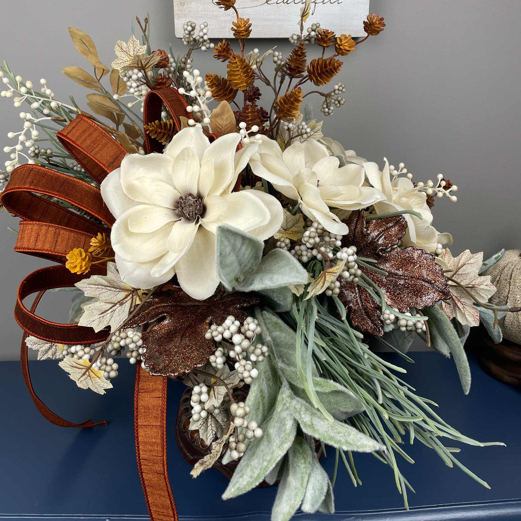 Fall Centerpiece with Magnolia Flowers & Bronze Pedestal Bowl