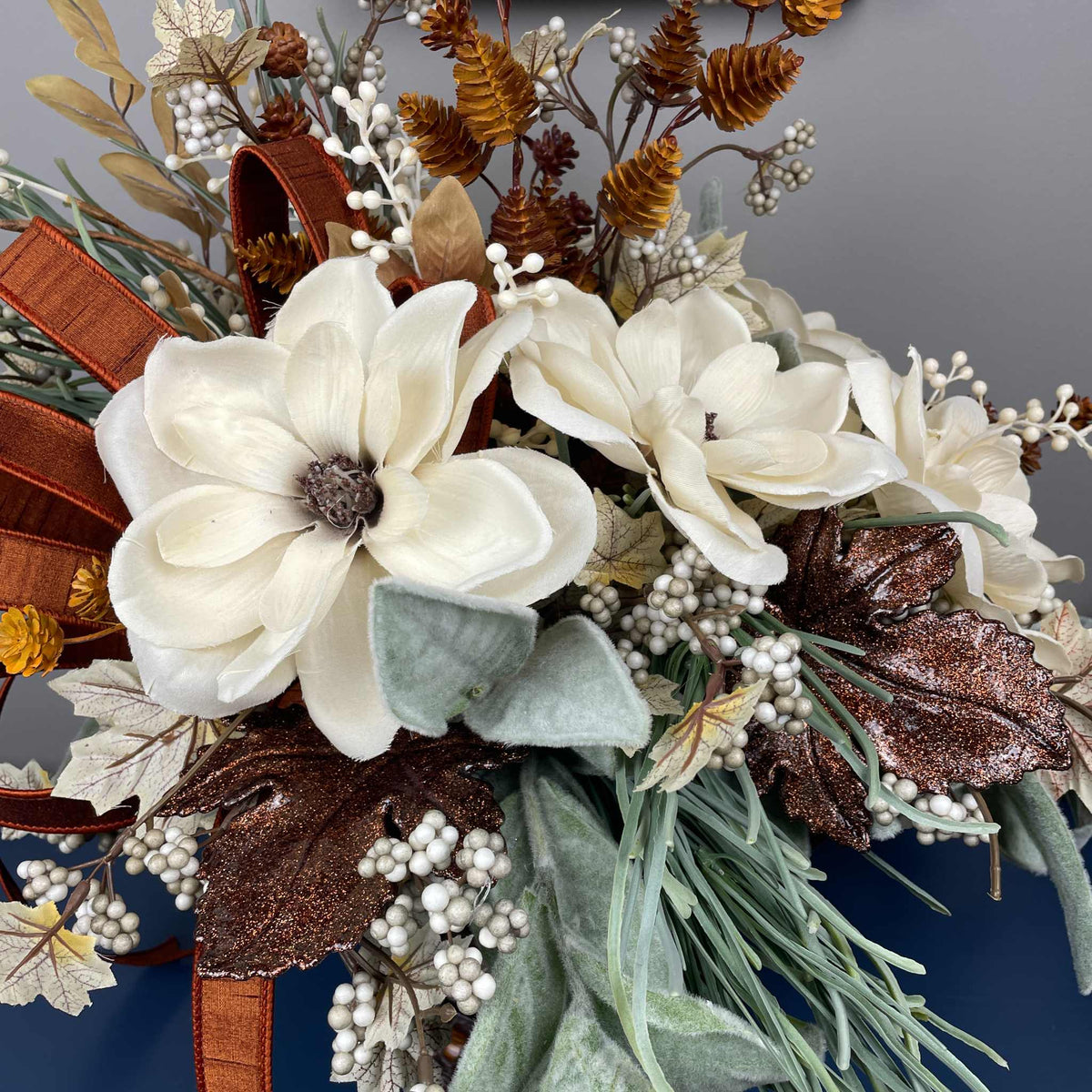 Fall Centerpiece with Magnolia Flowers & Bronze Pedestal Bowl