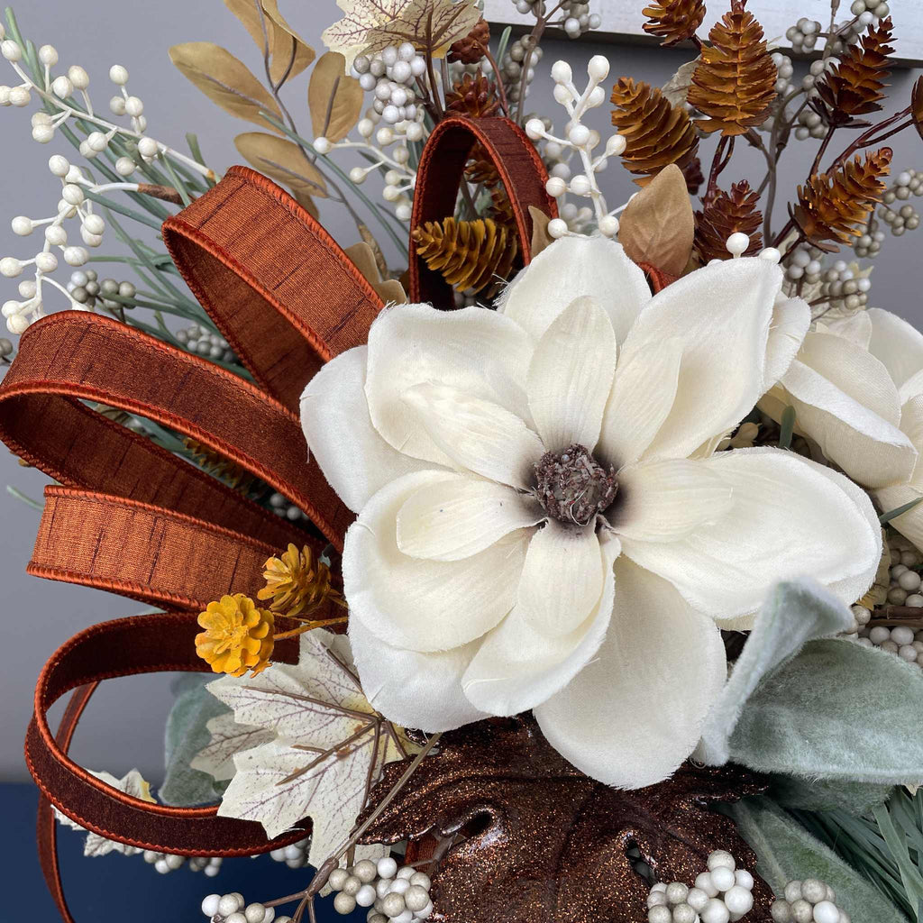Fall Centerpiece with Magnolia Flowers & Bronze Pedestal Bowl