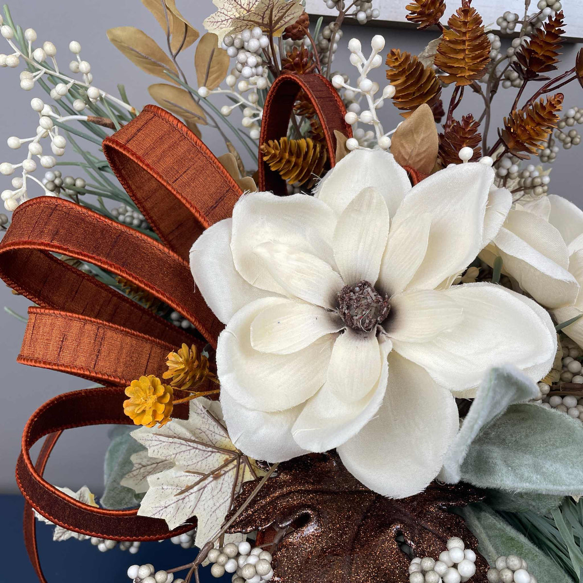 Fall Centerpiece with Magnolia Flowers & Bronze Pedestal Bowl