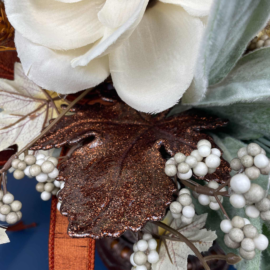 Fall Centerpiece with Magnolia Flowers & Bronze Pedestal Bowl