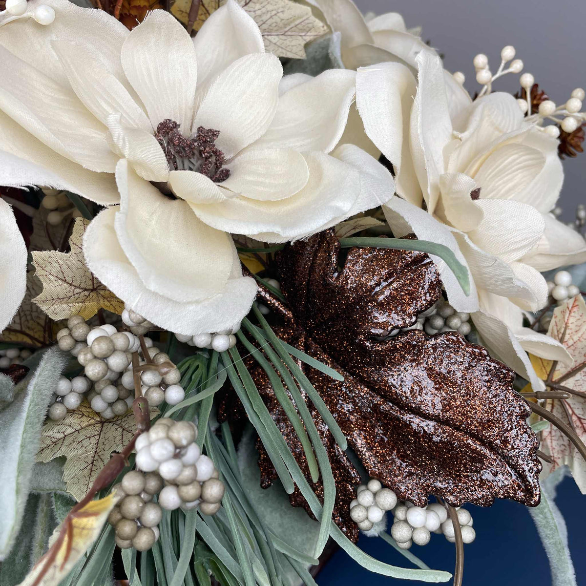 Fall Centerpiece with Magnolia Flowers & Bronze Pedestal Bowl