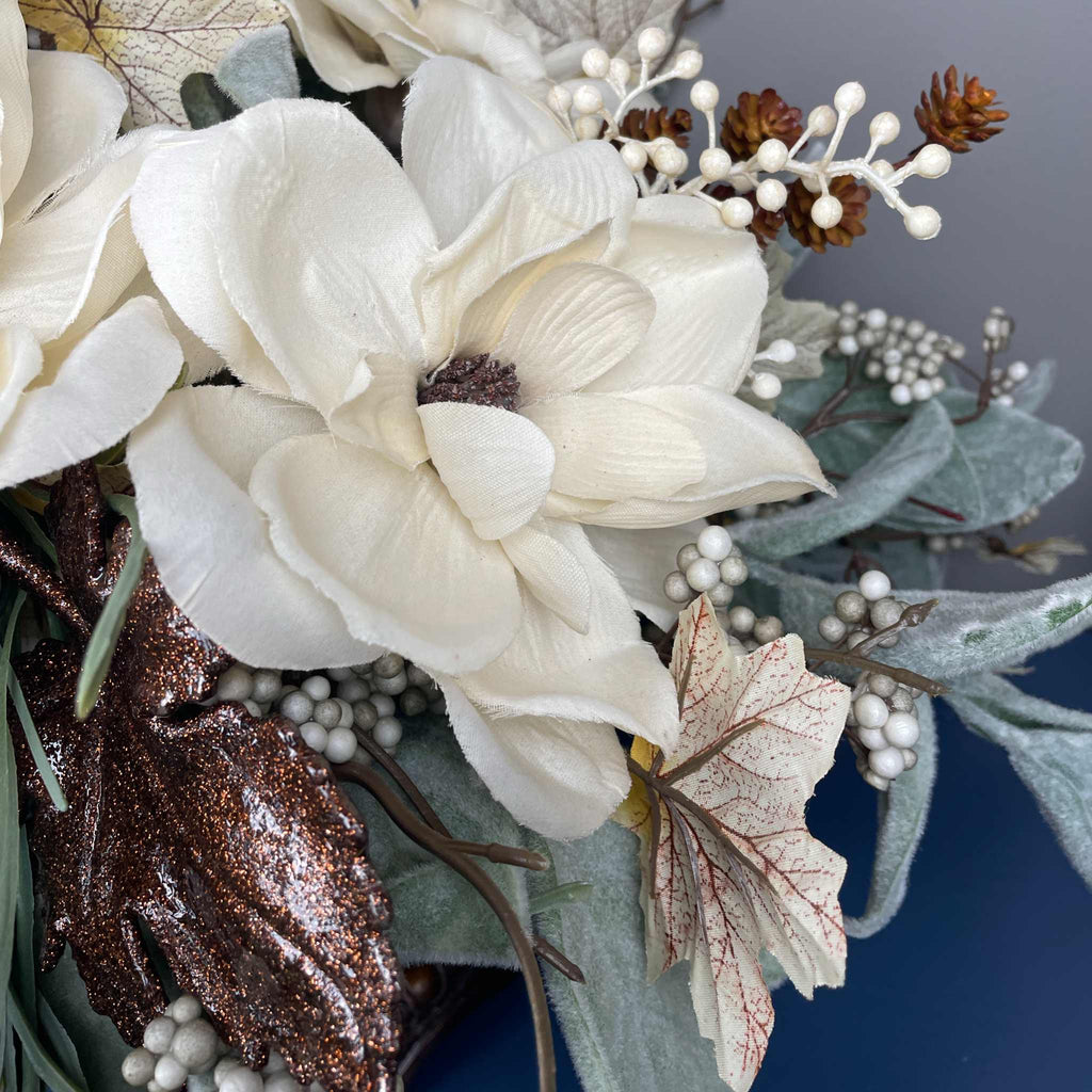 Fall Centerpiece with Magnolia Flowers & Bronze Pedestal Bowl