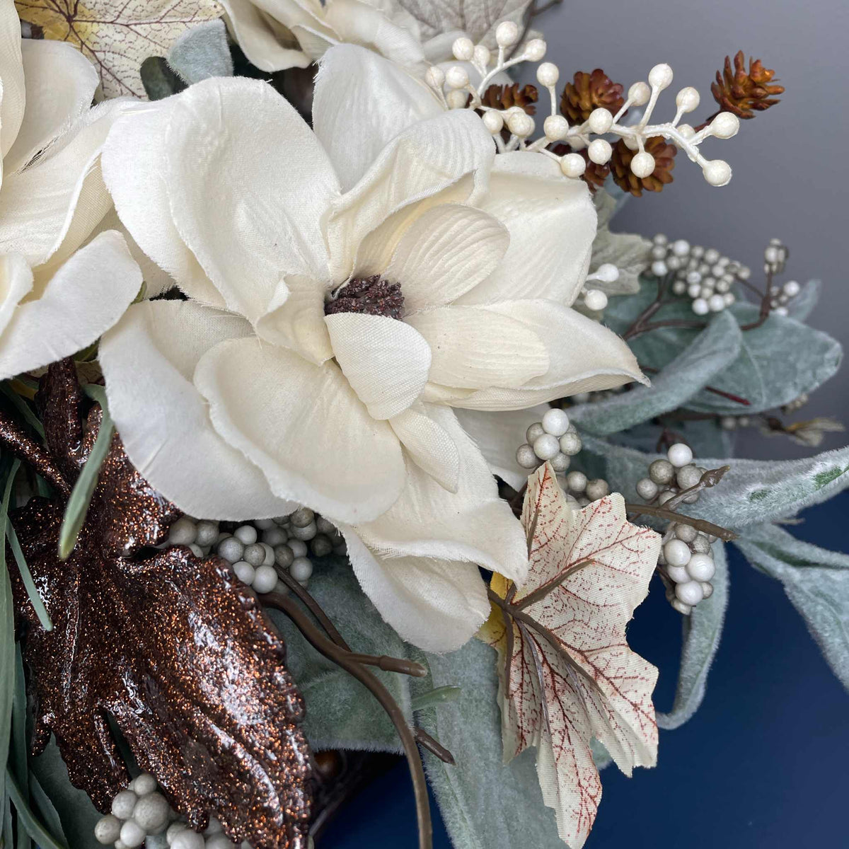 Fall Centerpiece with Magnolia Flowers & Bronze Pedestal Bowl