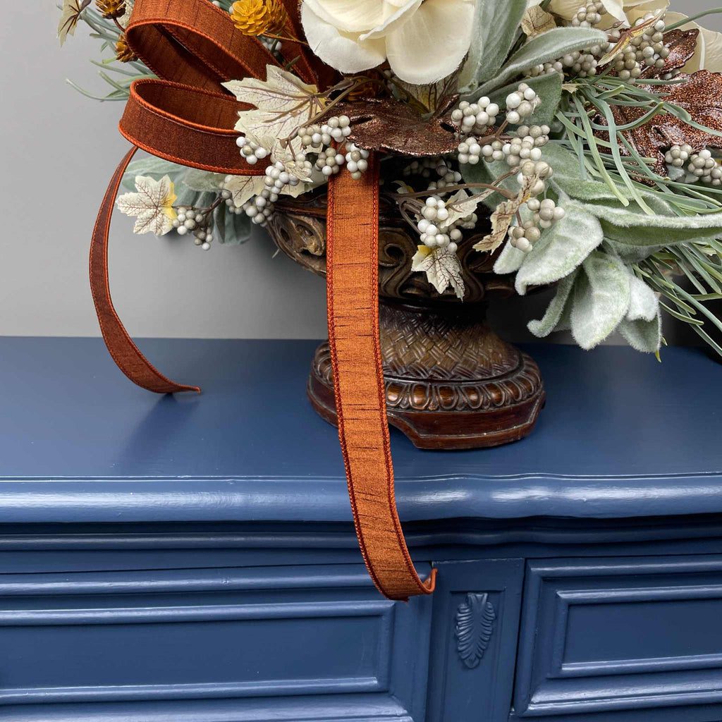 Fall Centerpiece with Magnolia Flowers & Bronze Pedestal Bowl