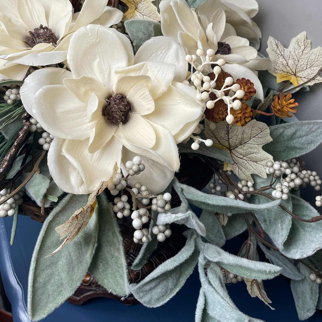 Fall Centerpiece with Magnolia Flowers & Bronze Pedestal Bowl