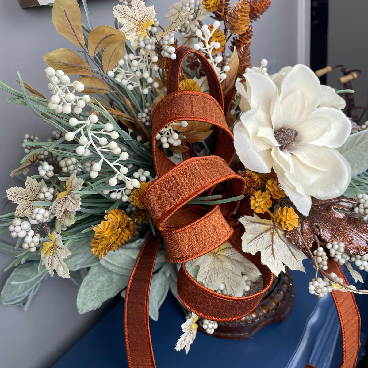 Fall Centerpiece with Magnolia Flowers & Bronze Pedestal Bowl