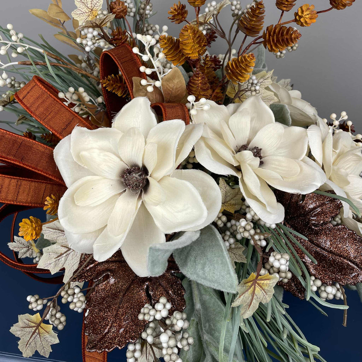 Fall Centerpiece with Magnolia Flowers & Bronze Pedestal Bowl