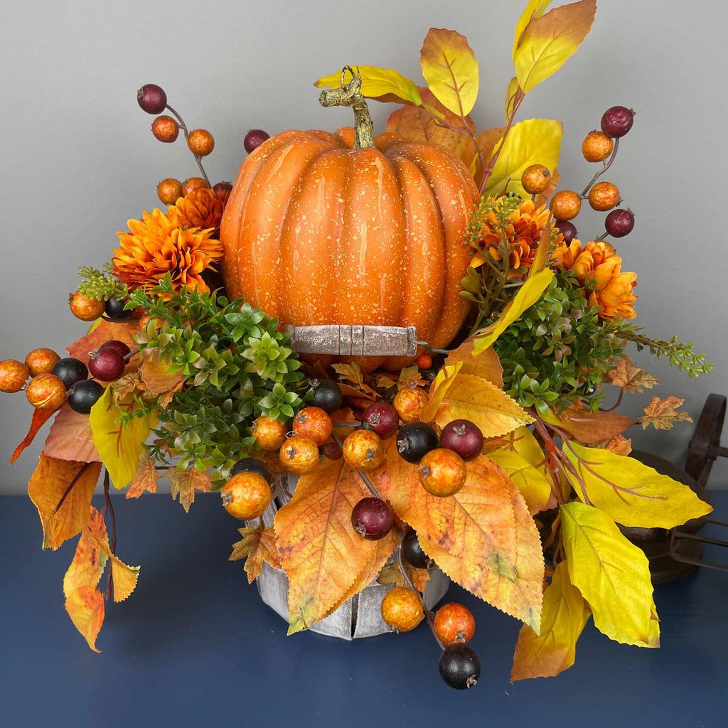 Fall Pumpkin Centerpiece with Orange Flowers in Whitewashed Basket