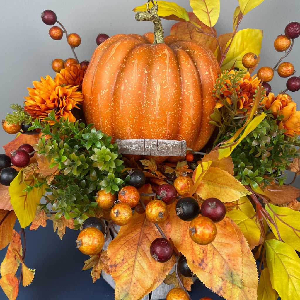 Fall Pumpkin Centerpiece with Orange Flowers in Whitewashed Basket