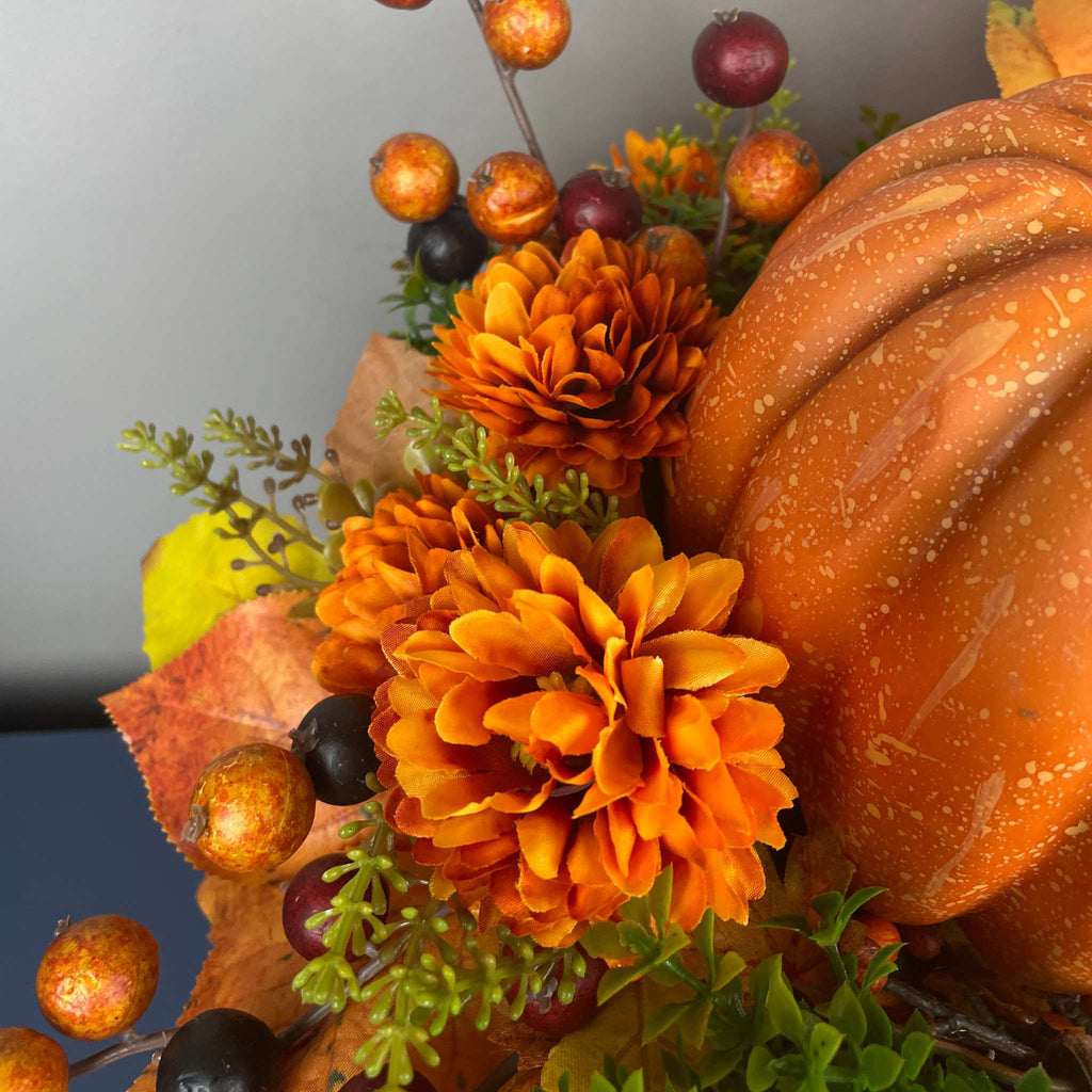 Fall Pumpkin Centerpiece with Orange Flowers in Whitewashed Basket