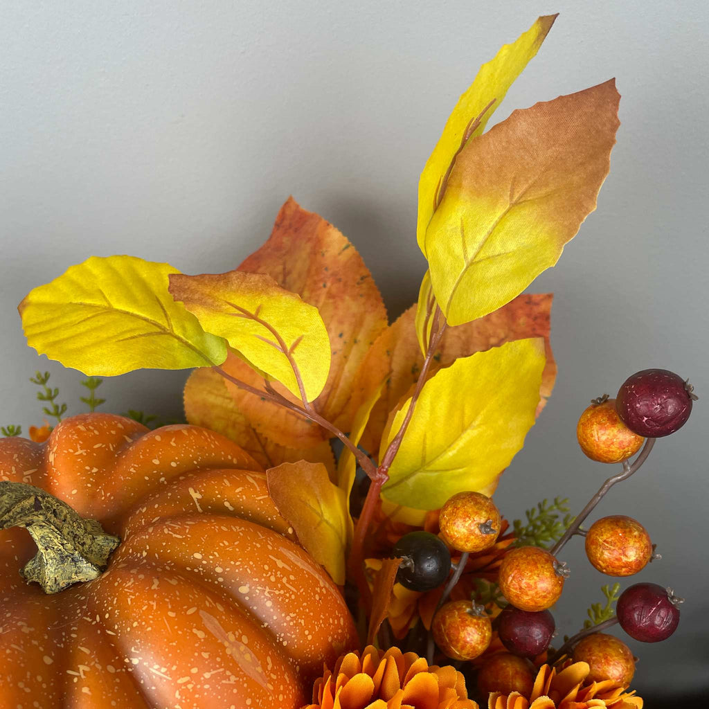 Fall Pumpkin Centerpiece with Orange Flowers in Whitewashed Basket