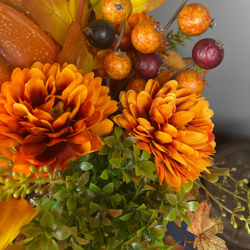 Fall Pumpkin Centerpiece with Orange Flowers in Whitewashed Basket