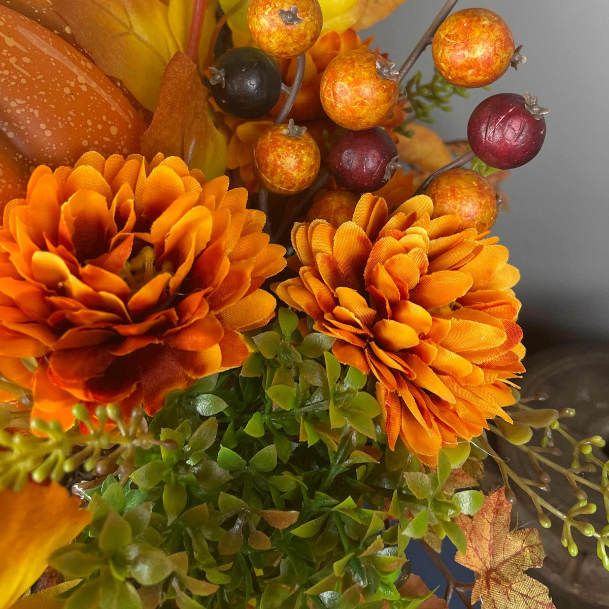 Fall Pumpkin Centerpiece with Orange Flowers in Whitewashed Basket