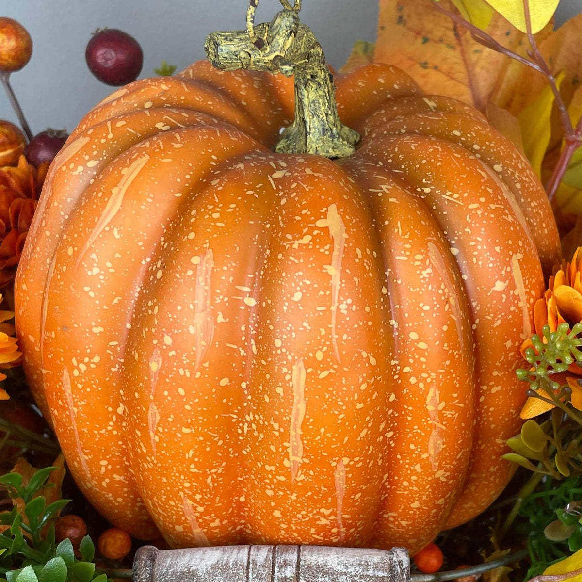 Fall Pumpkin Centerpiece with Orange Flowers in Whitewashed Basket
