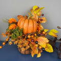 Fall Pumpkin Centerpiece in Wood Basket with Orange Marigolds