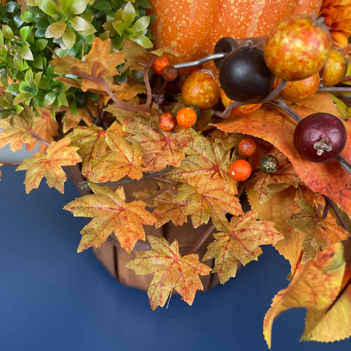 Fall Pumpkin Centerpiece in Wood Basket with Orange Marigolds