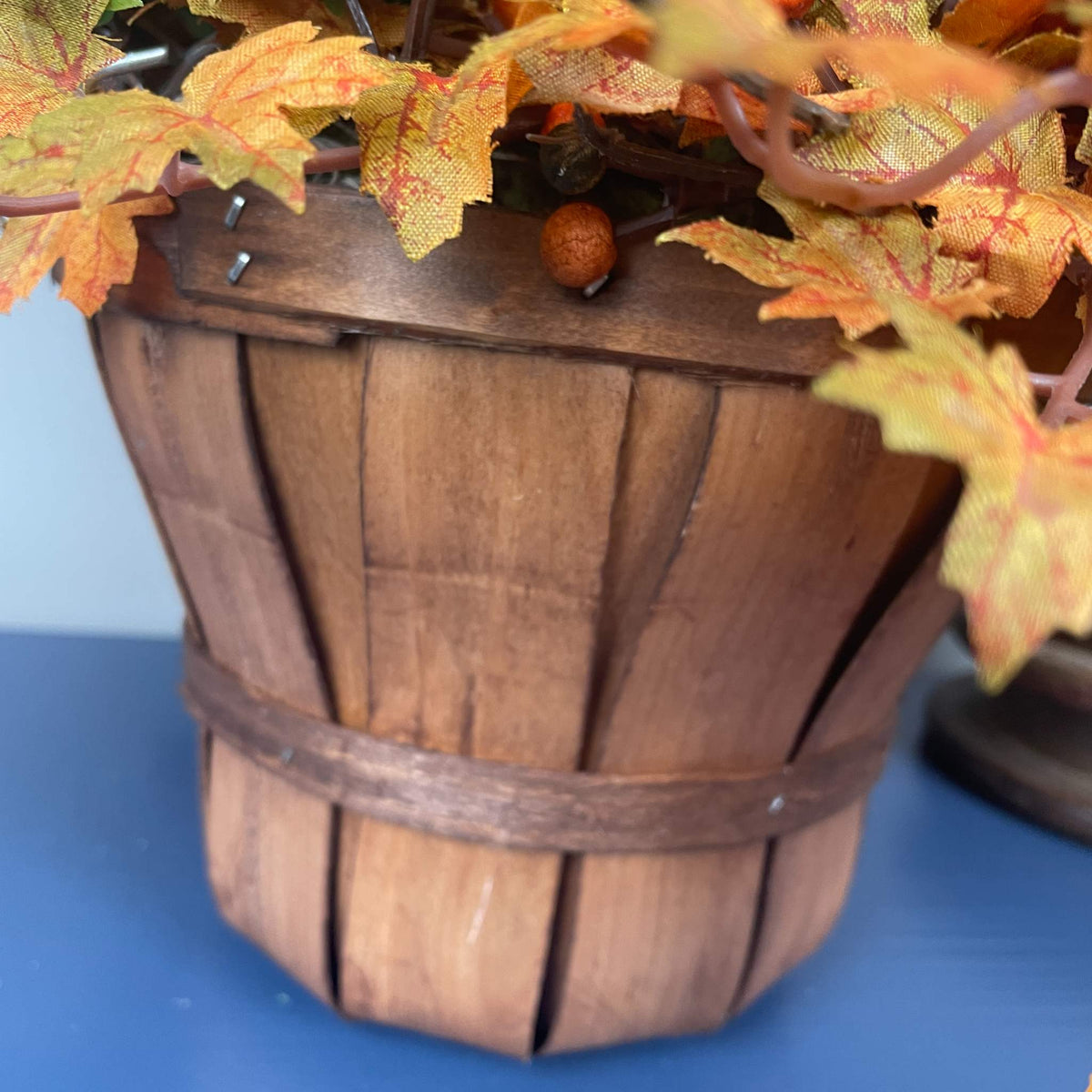 Fall Pumpkin Centerpiece in Wood Basket with Orange Marigolds