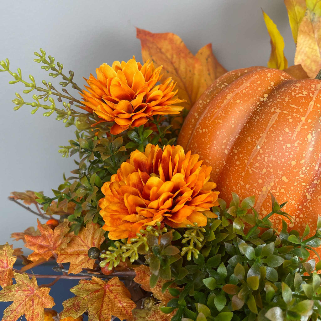 Fall Pumpkin Centerpiece in Wood Basket with Orange Marigolds