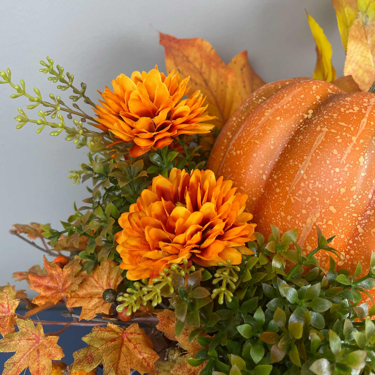Fall Pumpkin Centerpiece in Wood Basket with Orange Marigolds