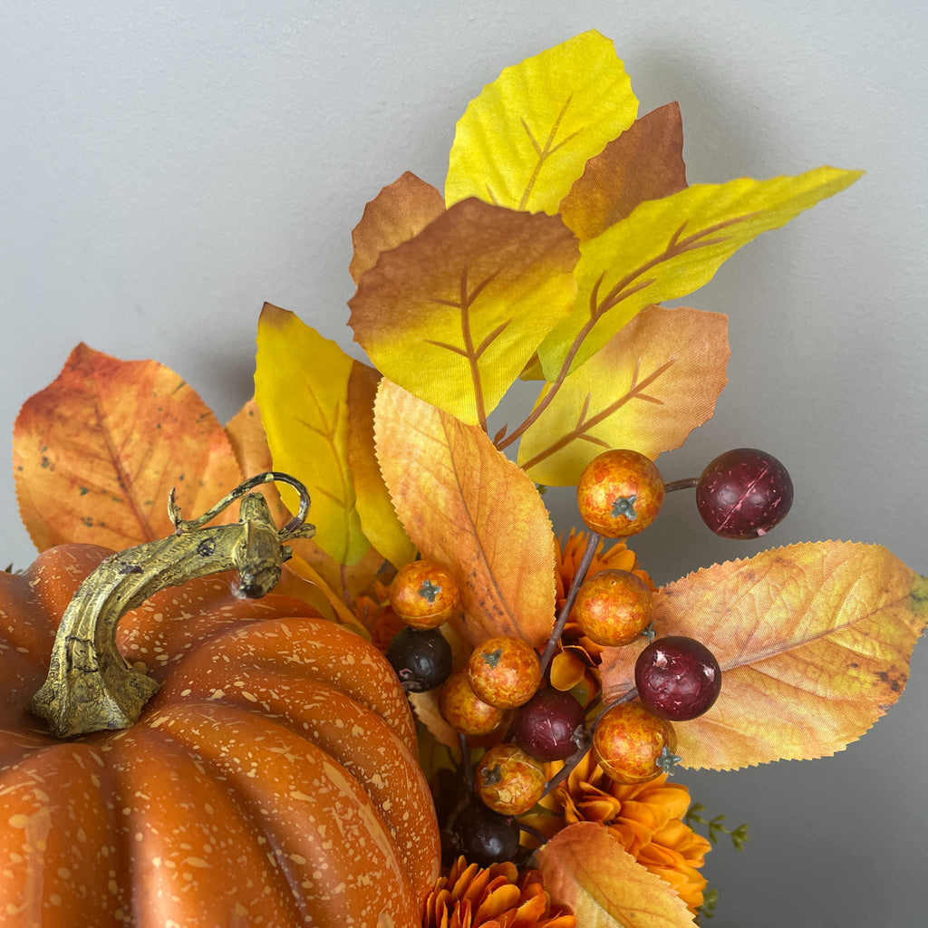 Fall Pumpkin Centerpiece in Wood Basket with Orange Marigolds
