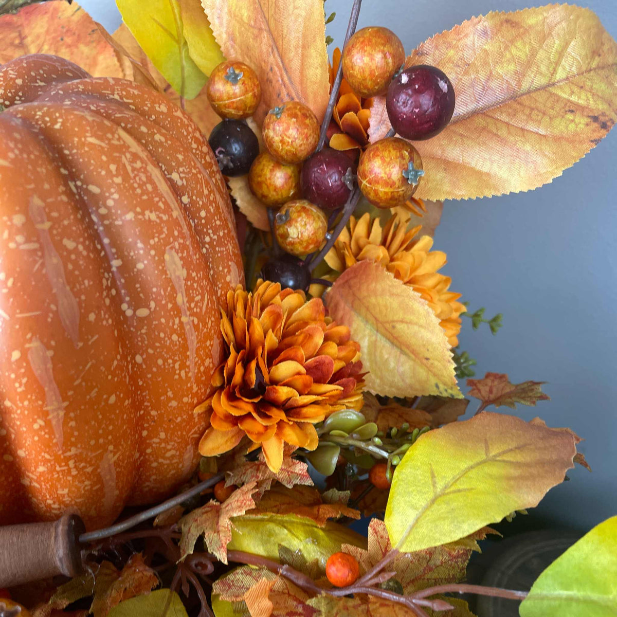 Fall Pumpkin Centerpiece in Wood Basket with Orange Marigolds