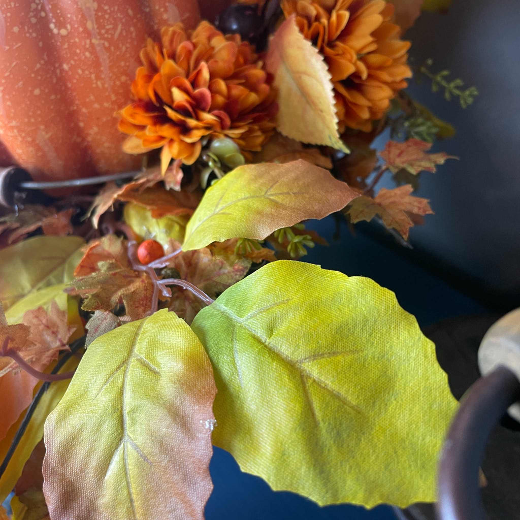 Fall Pumpkin Centerpiece in Wood Basket with Orange Marigolds